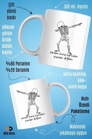 Win Ovro Premium Beyaz Porselen Hediye Çift Yön Baskılı Kupa Bardak - Pişman Değilimm