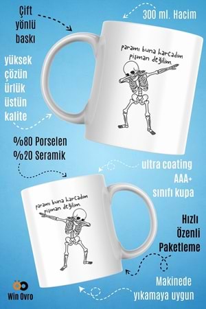 Win Ovro Premium Beyaz Porselen Hediye Çift Yön Baskılı Kupa Bardak - Pişman Değilimmm