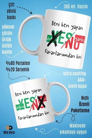 Win Ovro Premium Beyaz Porselen Hediye Çift Yön Baskılı Kupa Bardak - Doğru Yanlış Karar