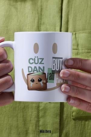 Win Ovro Premium Beyaz Porselen Hediye Çift Yön Baskılı Kupa Bardak - Cüzdan Üzgün But I am Happy