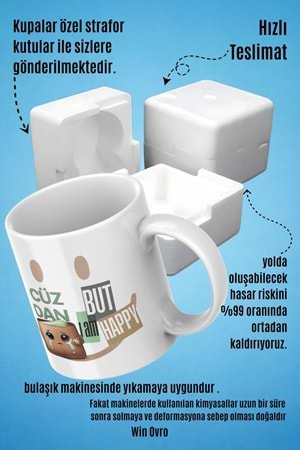 Win Ovro Premium Beyaz Porselen Hediye Çift Yön Baskılı Kupa Bardak - Cüzdan Üzgün But I am Happy