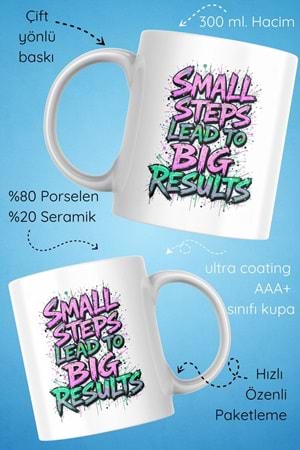 Win Ovro Premium Beyaz Porselen Hediye Çift Yön Baskılı Kupa Bardak - Küçük adımlar büyük sonuçlara