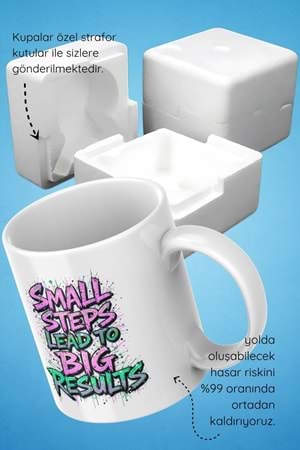 Win Ovro Premium Beyaz Porselen Hediye Çift Yön Baskılı Kupa Bardak - Küçük adımlar büyük sonuçlara