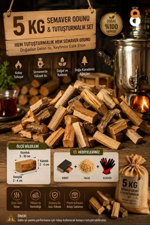 Win Ovro 5 KG Semaver Odunu & Tutuşturmalık Odun Seti | Kibrit + Talaş + Eldiven Hediye |Doğal Ahşap