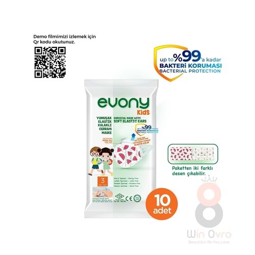 Evony Kids Elastik Kulaklıklı Cerrahi Çocuk Maskesi 10'lu