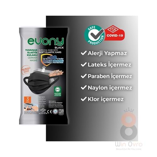 Evony Black Elastik Kulaklı Siyah Maske 10'lu