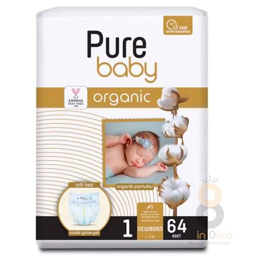 Pure Baby Organik Pamuklu Cırtlı Bez Tekli Paket 1 Numara Yenidogan 64 Adet