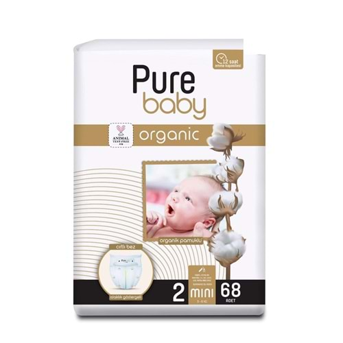 Pure Baby Organik Pamuklu Cırtlı Bez Tekli Paket 2 Numara Mini 68 Adet