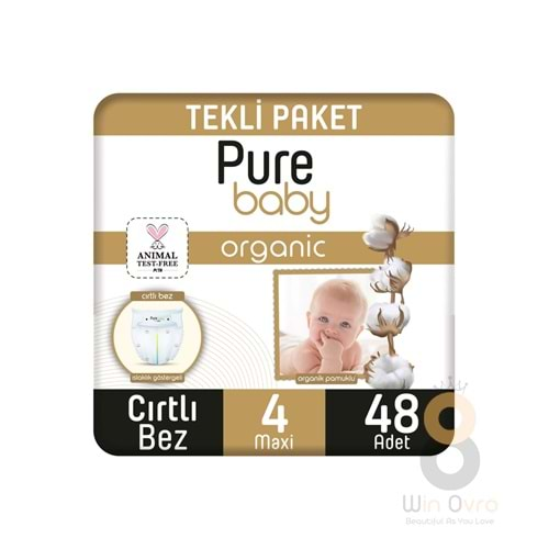 Pure Baby Organik Pamuklu Cırtlı Bez Tekli Paket 4 Numara Maxi 48 Adet