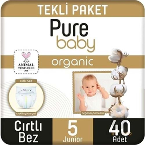 Pure Baby Organik Pamuklu Cırtlı Bez Tekli Paket 5 Numara Junior 40 Adet