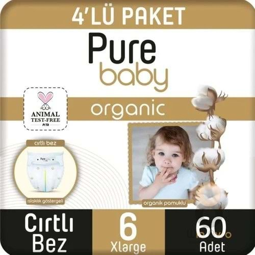 Pure Baby Organik Pamuklu Cırtlı Bez 6 Numara XL 60 Adet Ekonomik Paket