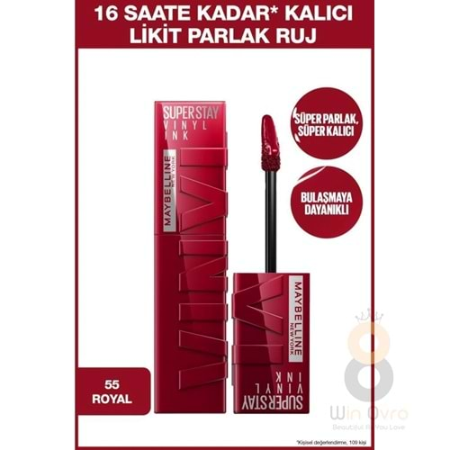 Maybelline New York Super Stay Vinyl Ink Uzun Süre Kalıcı Likit Parlak Ruj 55 Royal