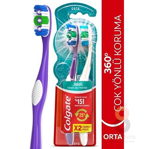 Colgate 360 Optik Beyaz Dil ve Yanak Temizleyicili Orta Beyazlatıcı Diş Fırçası 1+1