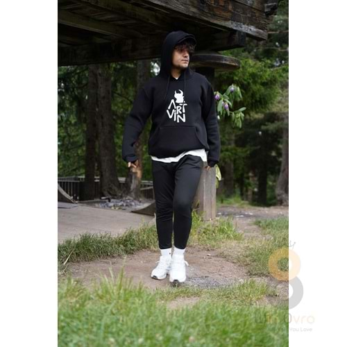 Artvin Logo Baskılı Kapüşonlu Sweatshirt / Siyah XS Beden