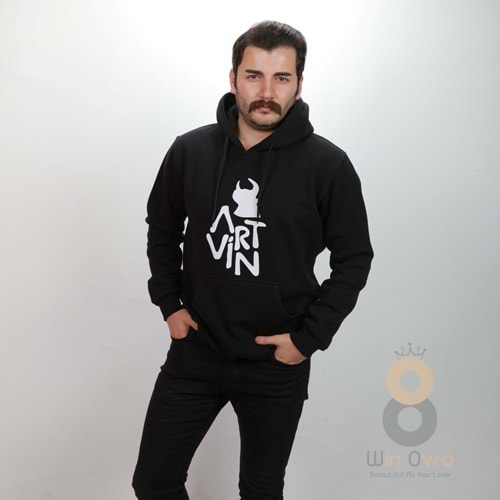 Artvin Logo Baskılı Kapüşonlu Sweatshirt / Siyah XXL Beden