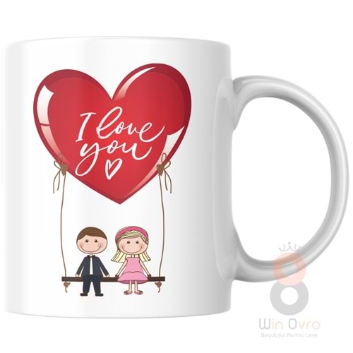 Win Ovro Premium Ultra Beyaz Porselen Kupa Bardak Çift Yönlü Baskılı - Love You Salıncak