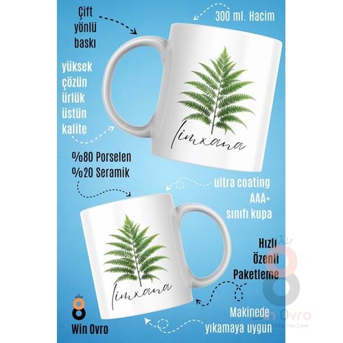 Win Ovro Premium Beyaz Porselen Hediye Çift Yön Baskılı Kupa Bardak - Eğrelti Otu Limhana Limxana