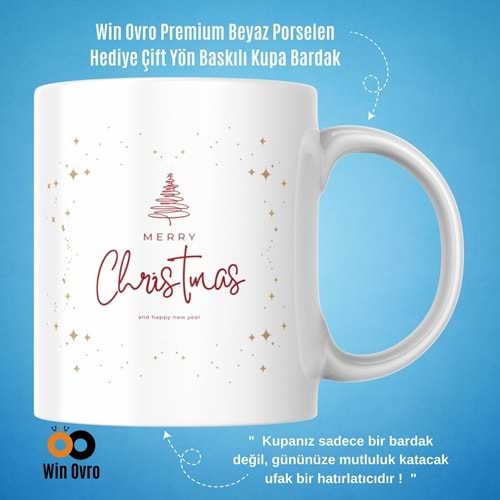 Win Ovro Premium Beyaz Porselen Hediye Çift Yön Baskılı Kupa Bardak - Merry Christmas Happy New 2