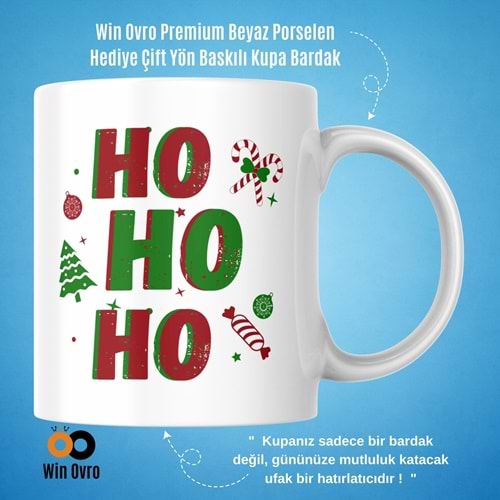 Win Ovro Premium Beyaz Porselen Hediye Çift Yön Baskılı Kupa Bardak - Ho Ho Ho Christmas