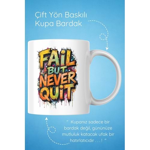 Win Ovro Premium Beyaz Porselen Hediye Çift Yön Baskılı Kupa Bardak - Başarısız ol ama asla pes etme