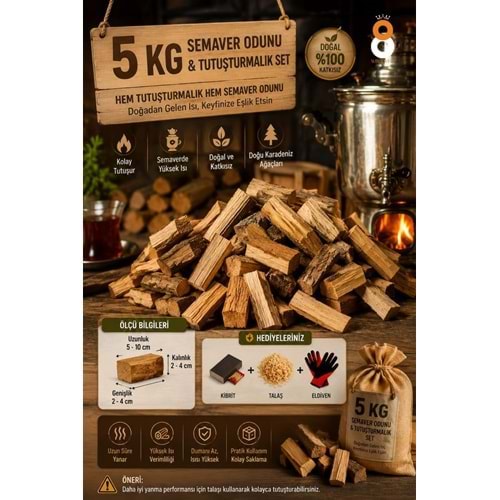 Win Ovro 5 KG Semaver Odunu & Tutuşturmalık Odun Seti | Kibrit + Talaş + Eldiven Hediye |Doğal Ahşap