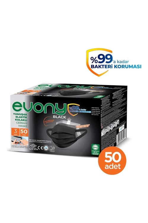 Evony Maske Black Elastik Kulaklı 50 Adet