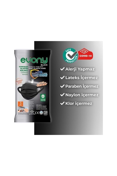 Evony Black Elastik Kulaklı Siyah Maske 10'lu