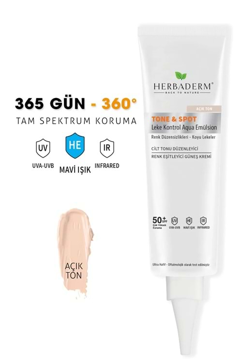 Herbaderm Tone & Spot, Lekeli Ciltler için Nemlendirici Güneş Kremi, 50+SPF
