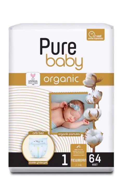 Pure Baby Organik Pamuklu Cırtlı Bez Tekli Paket 1 Numara Yenidogan 64 Adet