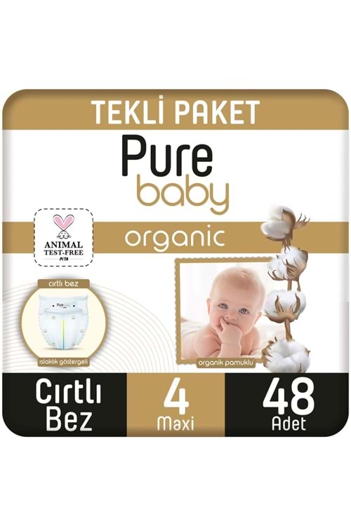 Pure Baby Organik Pamuklu Cırtlı Bez Tekli Paket 4 Numara Maxi 48 Adet