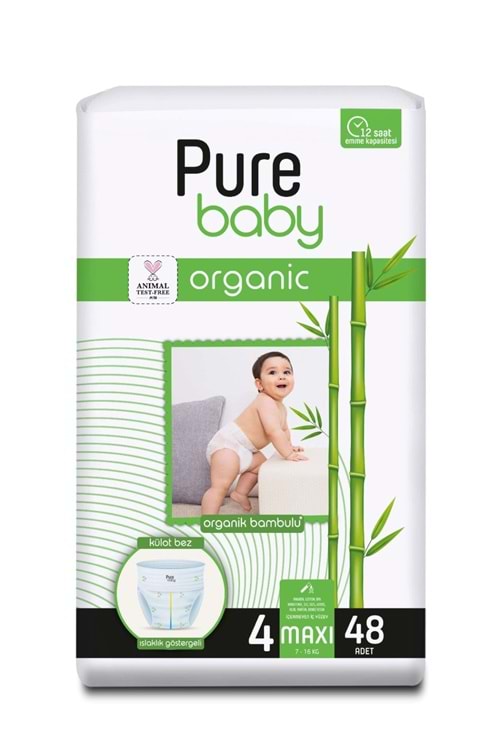 Pure Baby Organik Bambu Özlü Külot Bez Tekli Paket 4 Numara Maxi 48 Adet