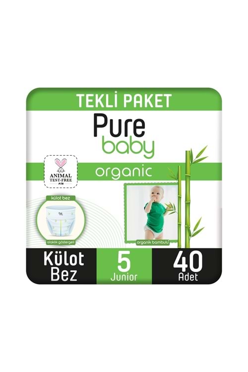 Pure Baby Organik Bambu Özlü Külot Bez Tekli Paket 5 Numara Junior 40 Adet