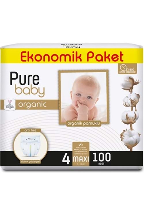 Pure Baby Organik Pamuklu Cırtlı Bez Ekonomik Paket 4 Numara Maxi 100 Adet