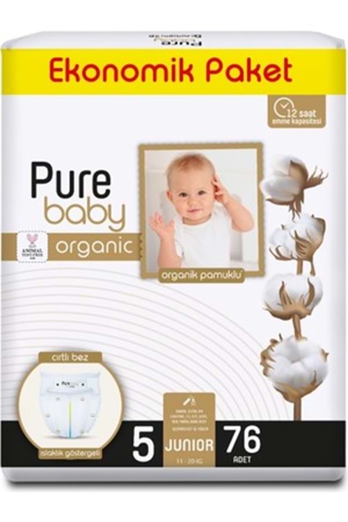 Pure Baby Organik Pamuklu Cırtlı Bez Ekonomik Paket 5 Numara Junior 76 Adet