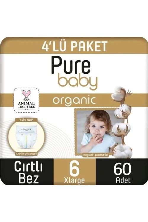 Pure Baby Organik Pamuklu Cırtlı Bez 6 Numara XL 60 Adet Ekonomik Paket