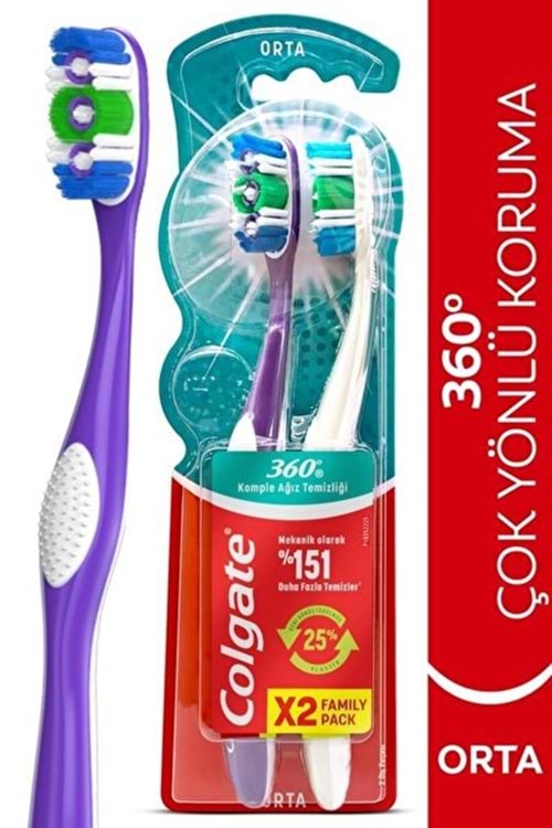 Colgate 360 Optik Beyaz Dil ve Yanak Temizleyicili Orta Beyazlatıcı Diş Fırçası 1+1