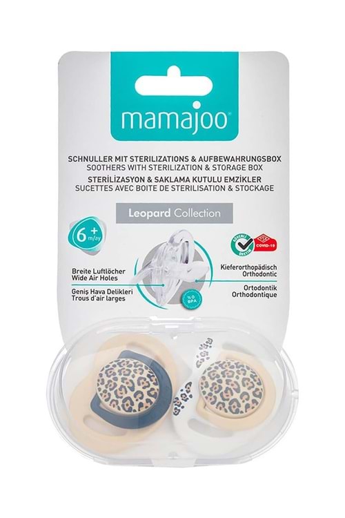 Mamajoo Saklama Kutulu Ortodontik Silikon Emzik Leopar 6+Ay Bej