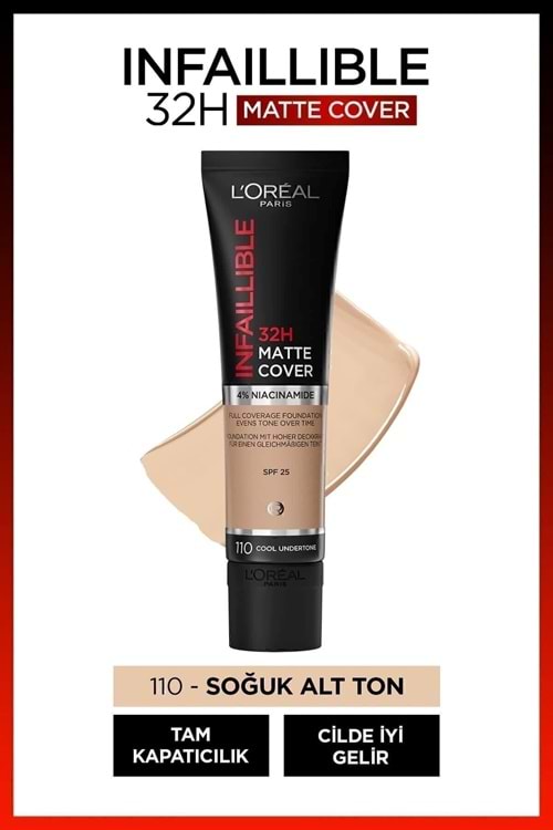 Loreal Paris Infaillible 32h Matte Cover Yüksek Kapatıcı Fondöten - 110 Soğuk Alt Ton