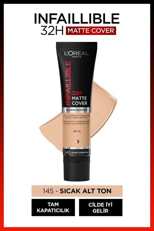 Loreal Paris Infaillible 32h Matte Cover Yüksek Kapatıcı Fondöten - 145 Sıcak Alt Ton