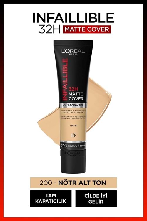 Loreal Paris Infaillible 32h Matte Cover Yüksek Kapatıcı Fondöten - 200 Nötr Alt Ton