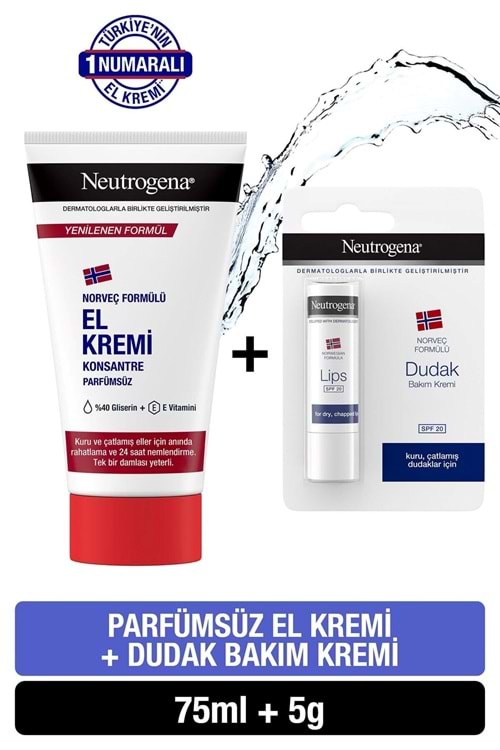 Neutrogena Norveç Formülü Parfümsüz El Kremi 75 ml. Dudak Kremi 5 gr. Hediye
