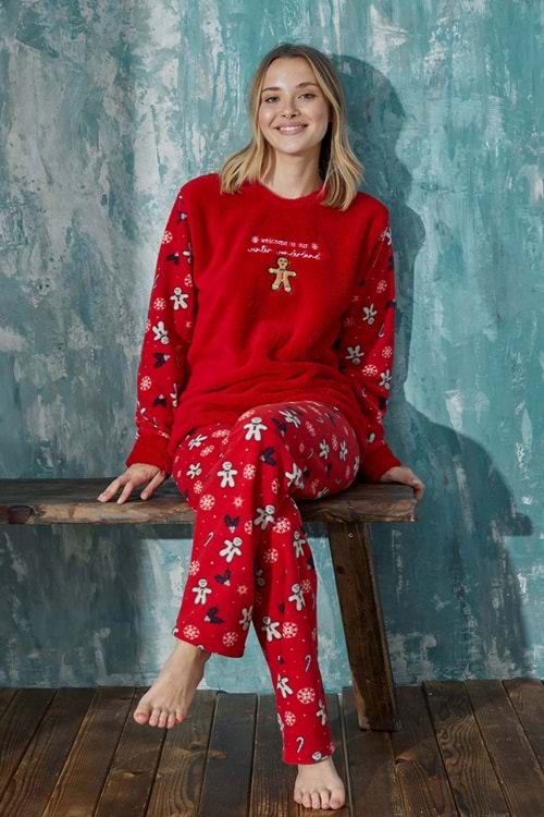 Arcan Kadın Welsoft Polar Uzun Kollu Pijama Takımı - M Beden - Kırmızı