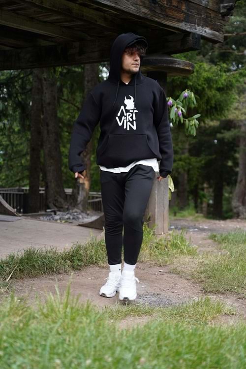 Artvin Logo Baskılı Kapüşonlu Sweatshirt / Siyah XS Beden