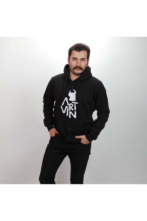 Artvin Logo Baskılı Kapüşonlu Sweatshirt / Siyah XXL Beden