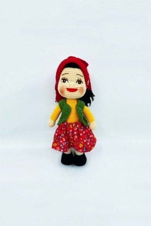 Artvin Amigurumi Organik Örgü Oyuncak Yöresel Kız Bebek / Kırmızı