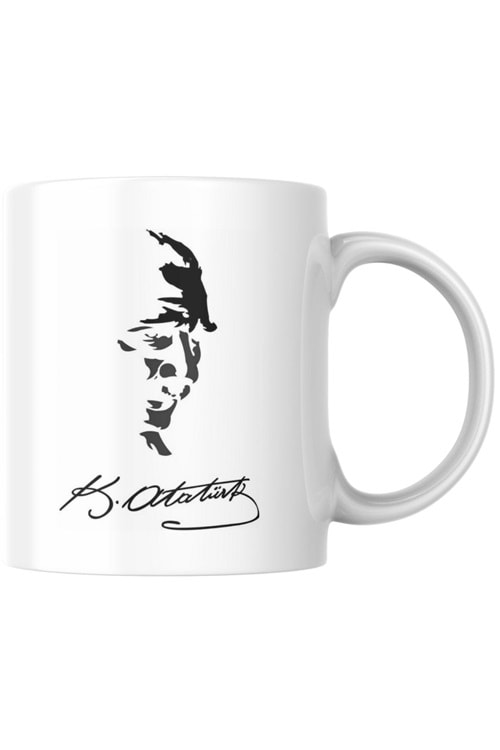 Win Ovro Premium Ultra Beyaz Porselen Kupa Bardak Çift Yönlü Baskılı - Atatürk Silüet İmza