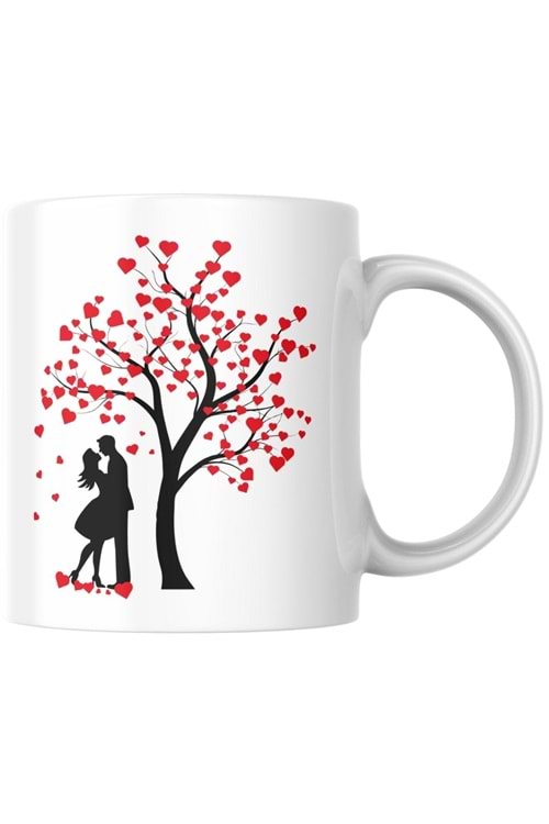 Win Ovro Premium Ultra Beyaz Porselen Kupa Bardak Çift Yönlü Baskılı - Sevgili Ağaç Kalp