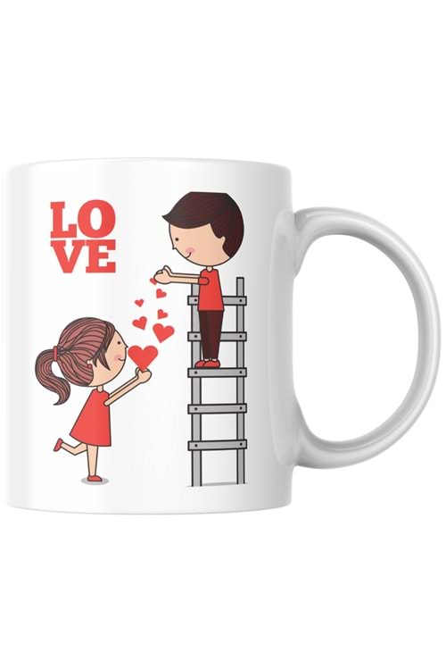 Win Ovro Premium Ultra Beyaz Porselen Kupa Bardak Çift Yönlü Baskılı - Sevgili Aşk Kalp Merdiven