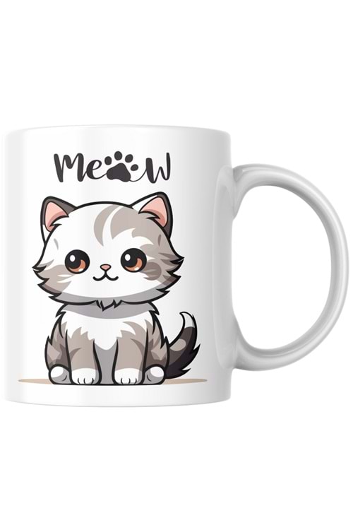 Win Ovro Premium Ultra Beyaz Porselen Kupa Bardak Çift Yönlü Baskılı - Kedi Miyav