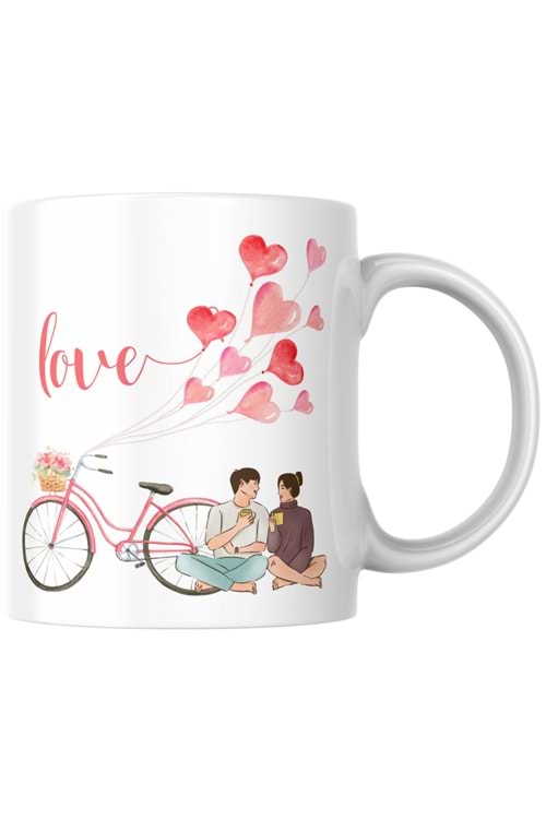 Win Ovro Premium Ultra Beyaz Porselen Kupa Bardak Çift Yönlü Baskılı - Love Aşk Sevgi Bisiklet